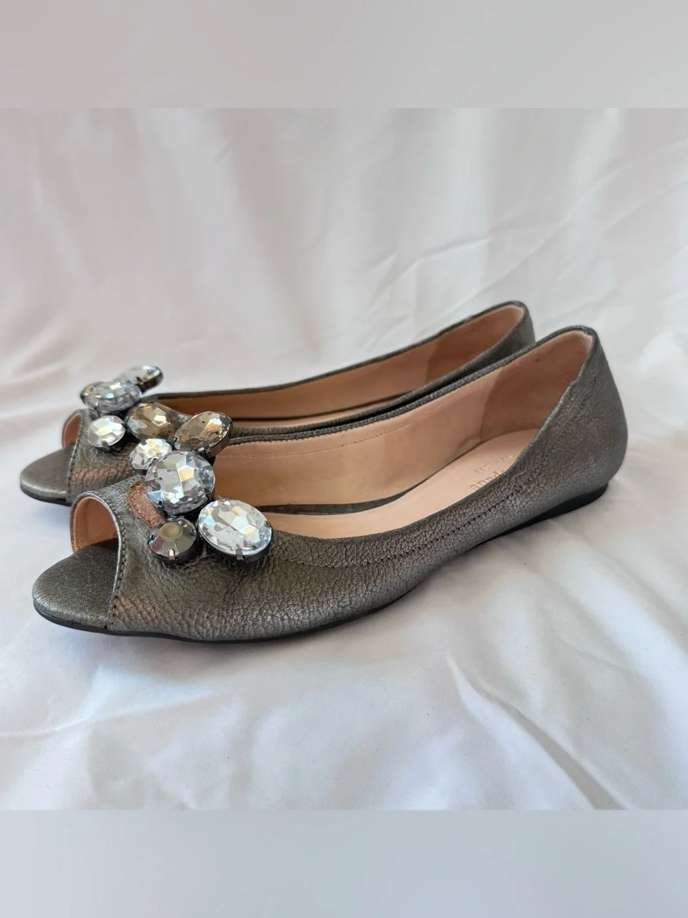 Kate Spade New York Metallic Grey Leather Peep-Toe Flats Dress Shoes Women Sz 7